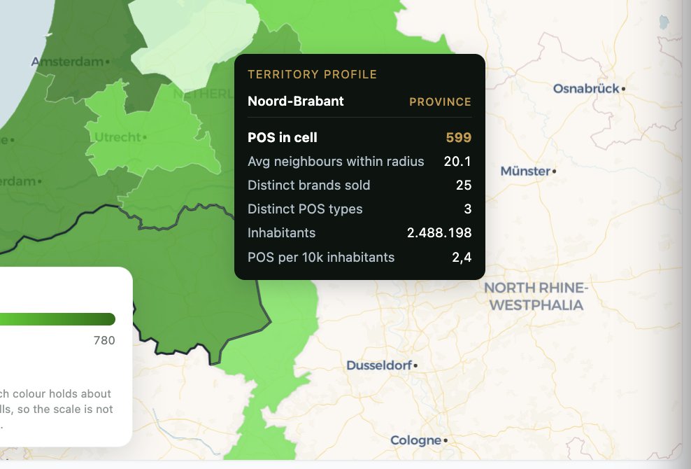 A territory map of the Netherlands shaded by province, with a profile panel for Noord-Brabant showing points of sale, inhabitants, and points of sale per 10,000 inhabitants together.